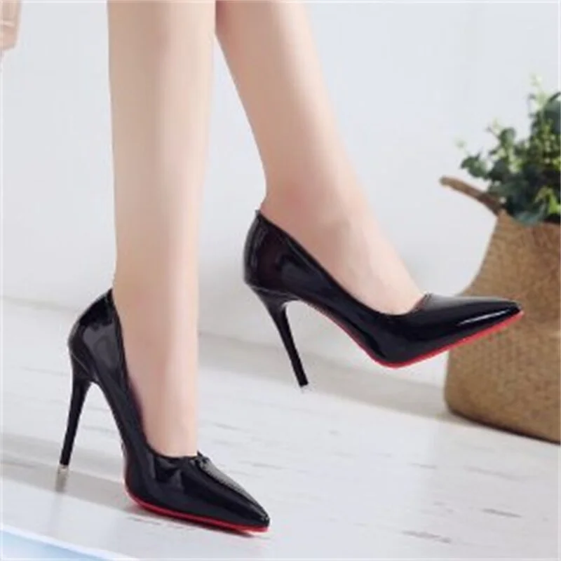 Qengg new red bottom high heels women's stiletto all-match fashion pointed black patent leather sexy shoes