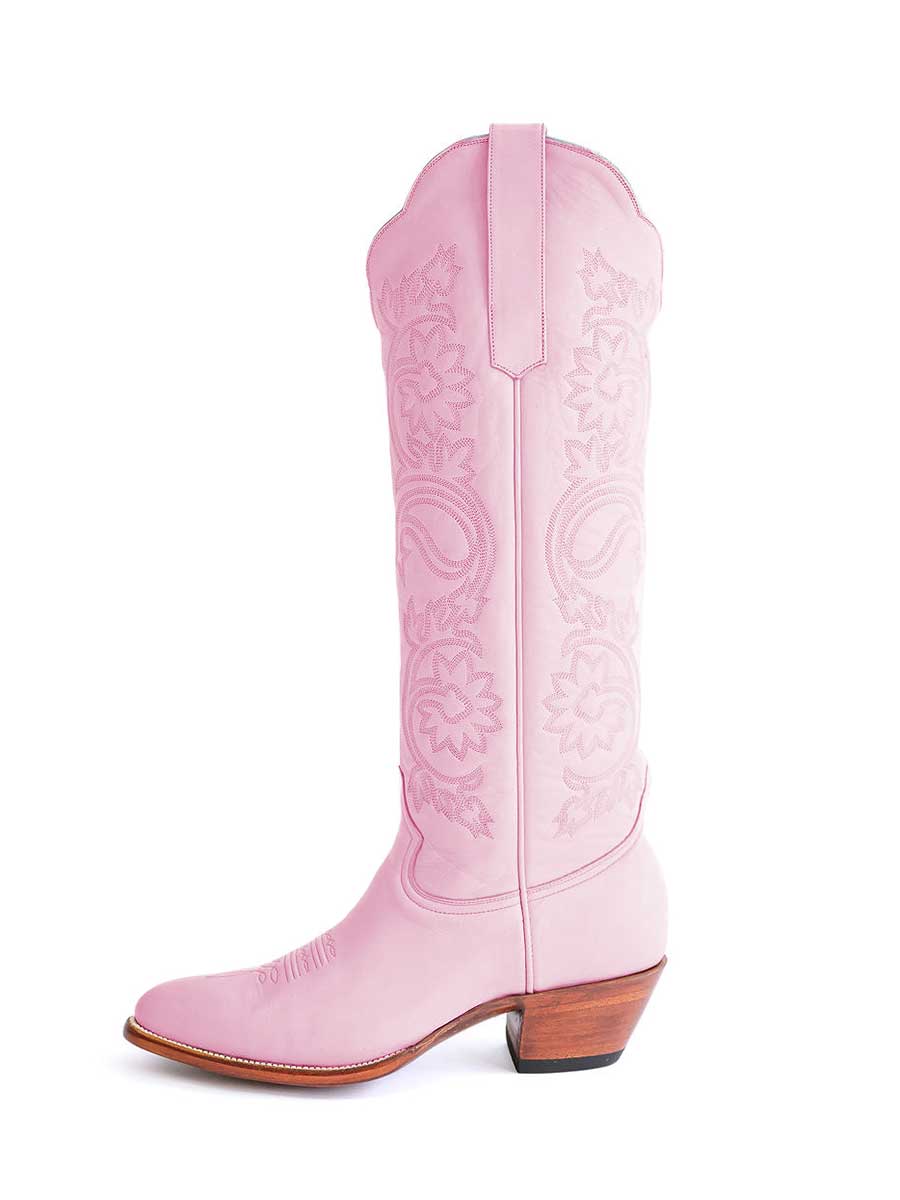 Light Pink Floral Embroidered Knee Cowgirl Boots with Chunky Heel