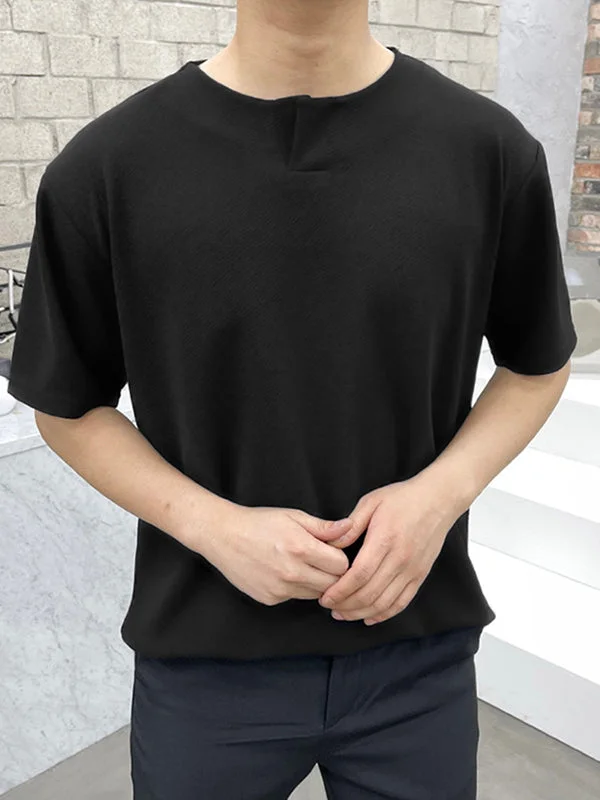 Aonga - Mens Plain Textured Notch V Neck T-Shirt