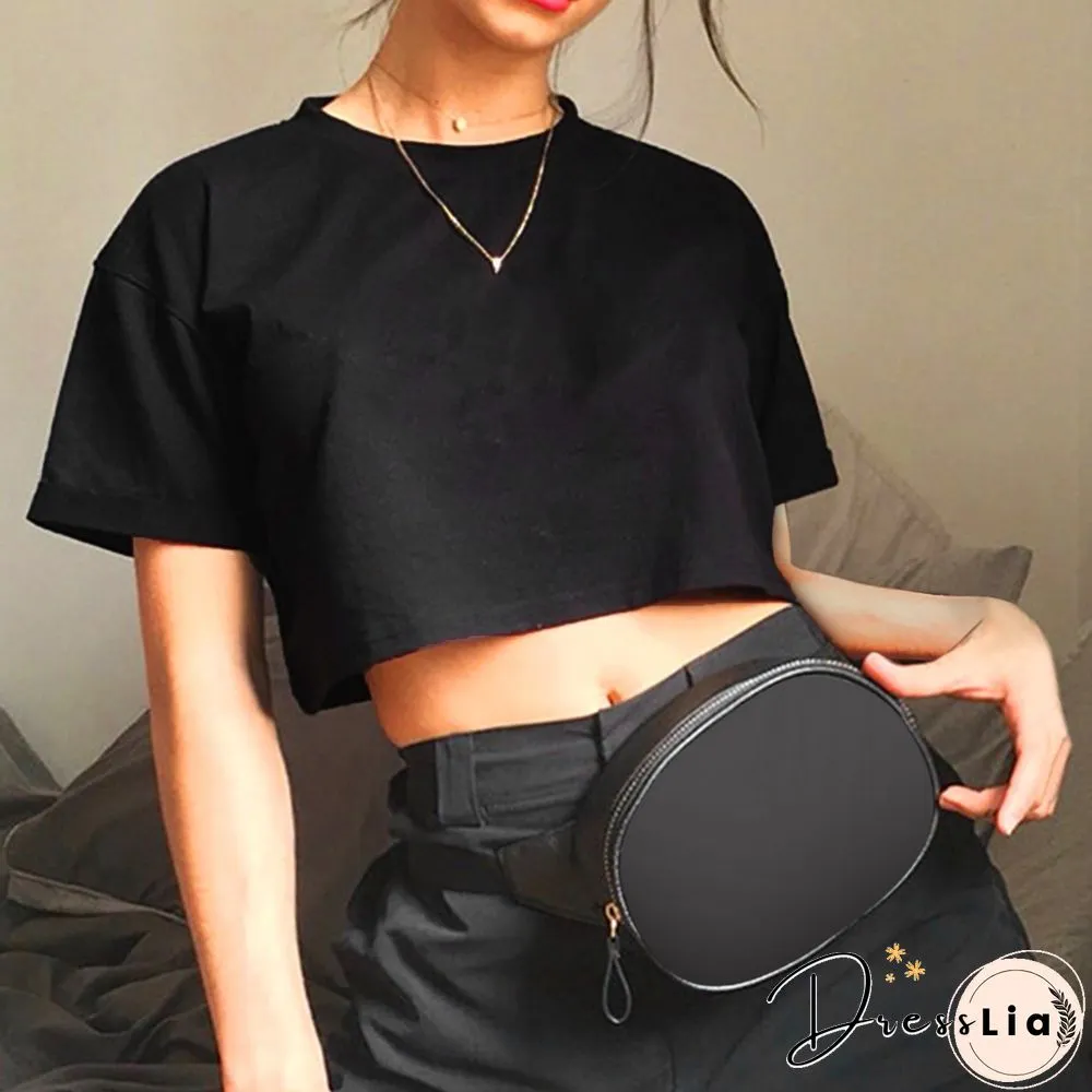 Harajuku Shirt Funny Y2K Women Crop Tops Casual Black Femme NavelT-shirt Round-neck