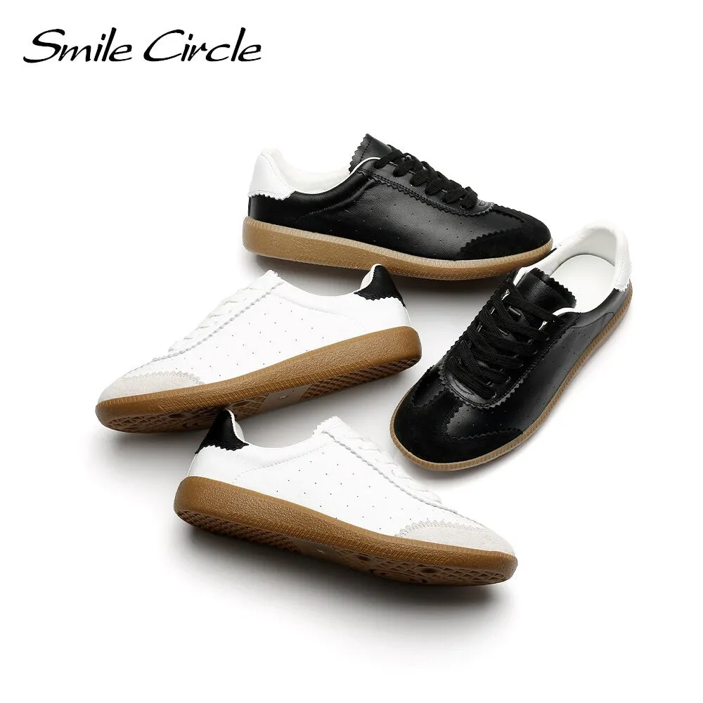 Smile Circle Women Sneakers Flat Platform Shoes Spring Breathable Casual Shoes Women White Leather Lace-up low-top trainers