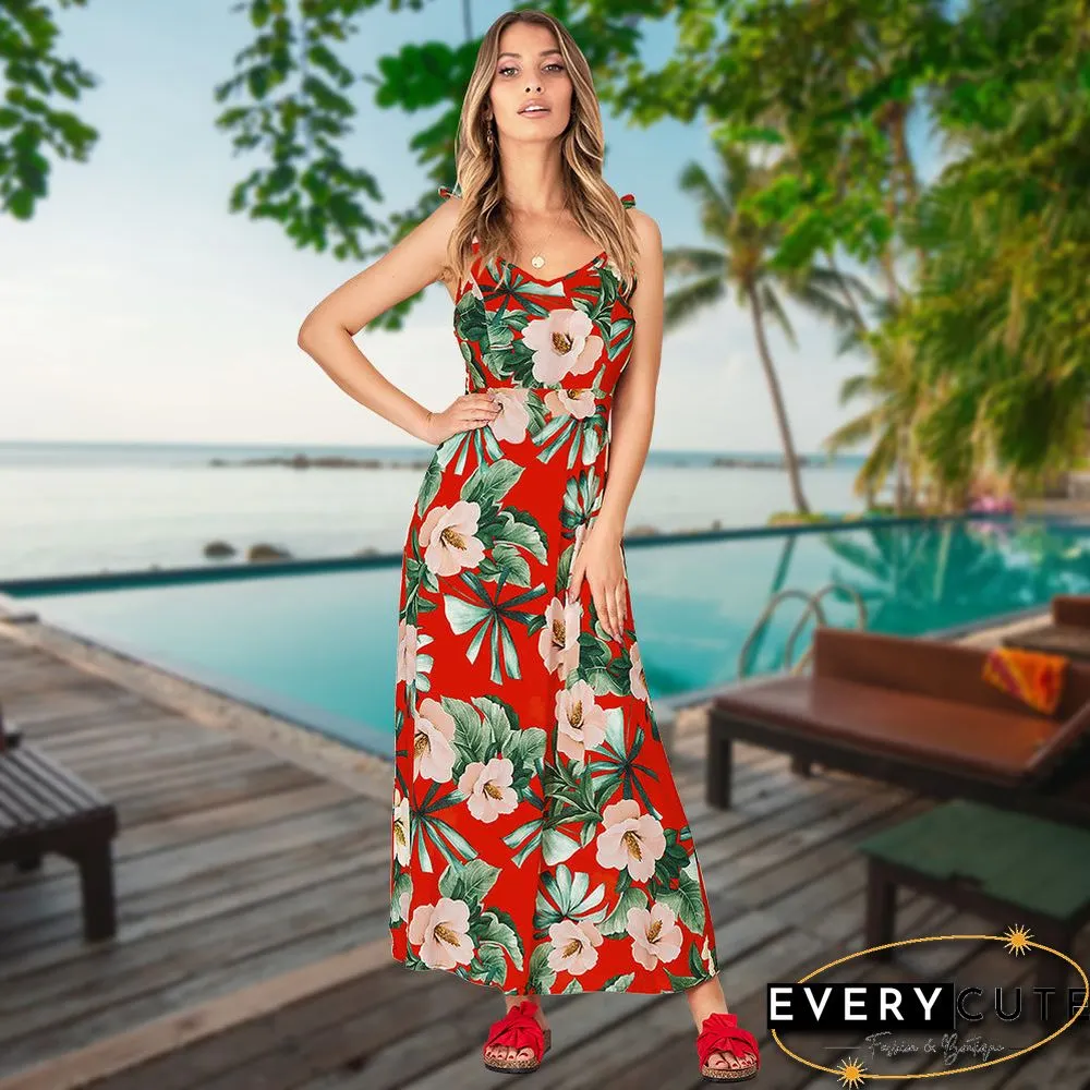 Adjustable Spaghetti Strap Floral V Neck Maxi Dress