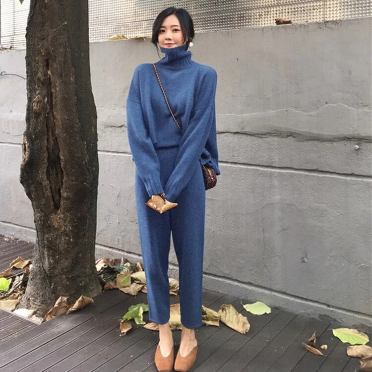 Women Winter Suit Sweater Tracksuit Knitted Turtleneck Clothes 2 Pieces Set Pants Ladies Loose Clothing Suits Female 2019