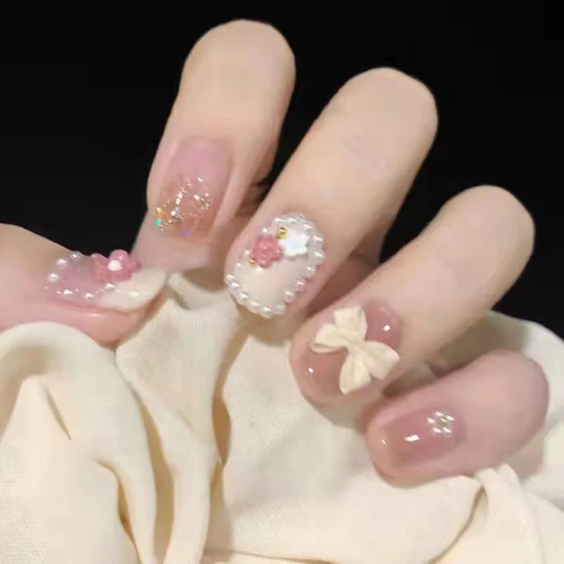 24pcs Pink Smudges False Nails Patch Glue Type Removable Short Paragraph Manicure Nail patch Finished Printing Fake Nails-Nail Inspo