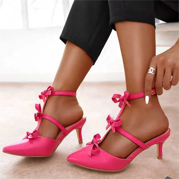 Hot Pink Pointed Toe T-Strap Bow Kitten Heels for Women |FSJ Shoes
