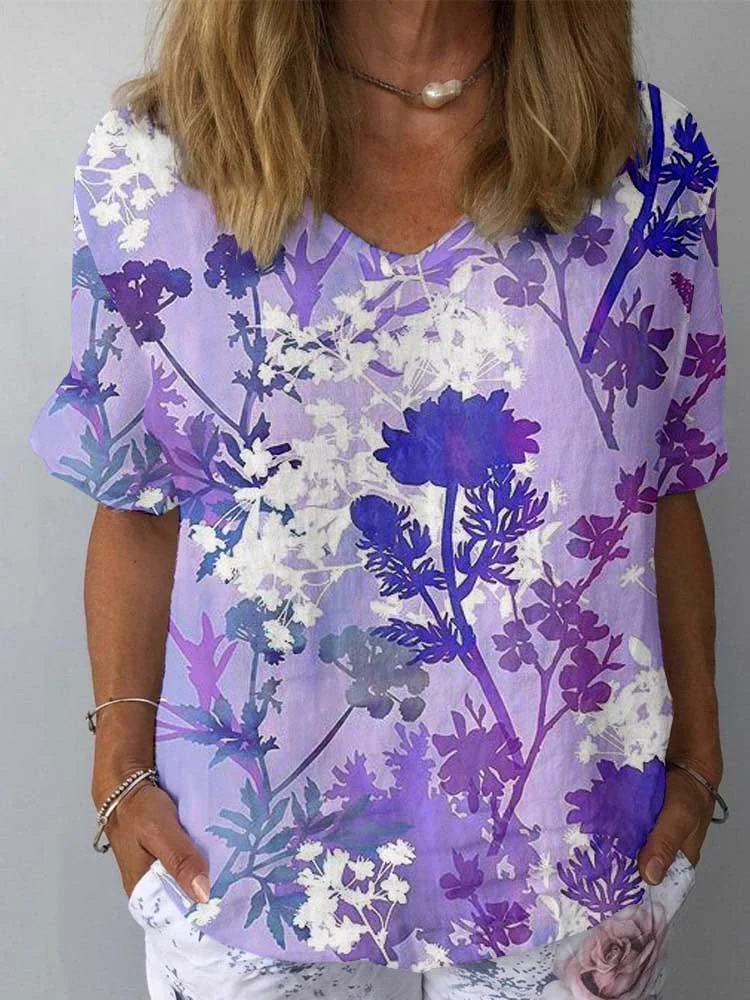 Women's Vintage  Floral Print Cotton And Linen Top
