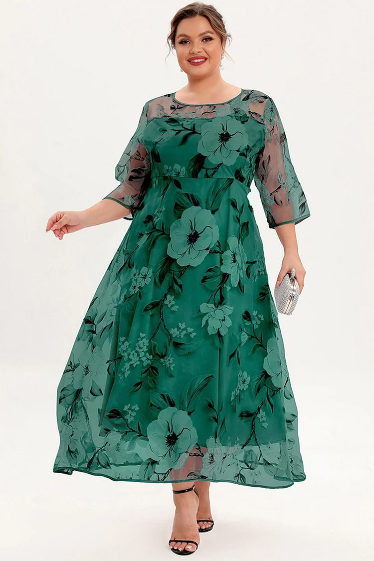 Flycurvy Plus Size Mother Of The Bride Green Floral Print Mesh Layered A Line Tunic Maxi Dress  Flycurvy [product_label]