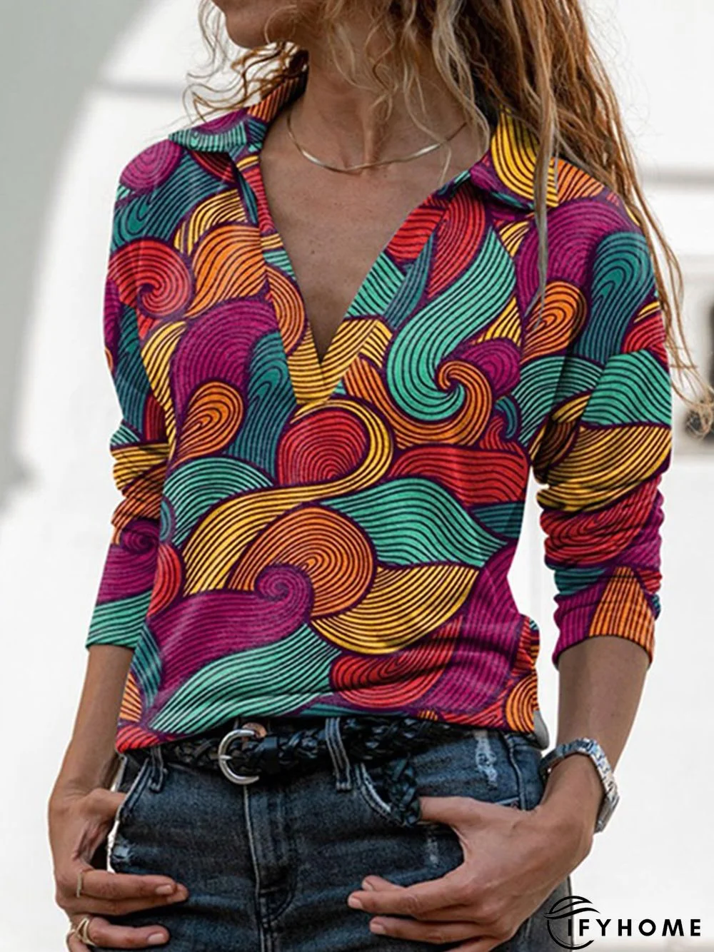 Vintage Multicolor Geometric Printed V Neck Long Sleeve Casual Top | IFYHOME