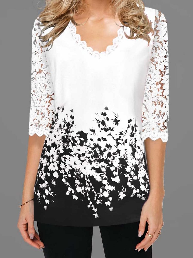 Women Lace Detail Contrast Panel Floral Print T Shirt