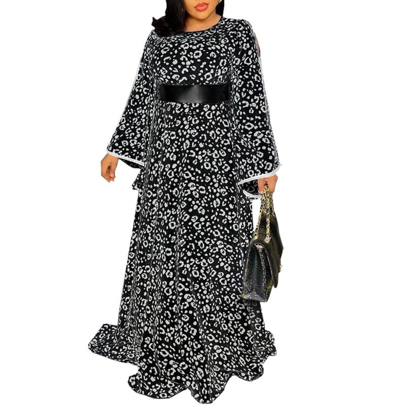 Women Leopard Printed Dress 2022 VONDA Sexy Flare Sleeve Round Neck Maxi Dress Holiday Party Formal Vestidos Oversized