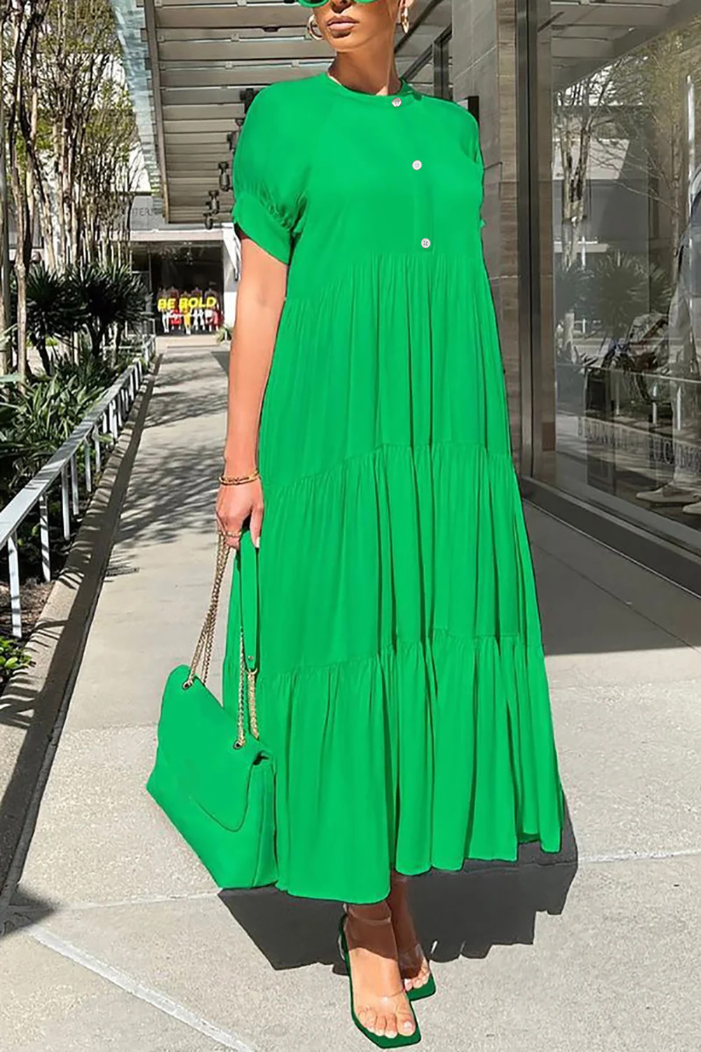 Plus Size Vacation Hot Pink Round Neck Short Sleeve Ruffle Maxi Dress