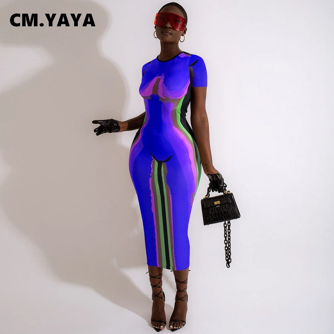 CM.YAYA Women 3D Printed Short Sleeve O-neck Bodycon Midi Maxi Dress for 2022 Summer Sexy Night Party Clubwear Long Dresses