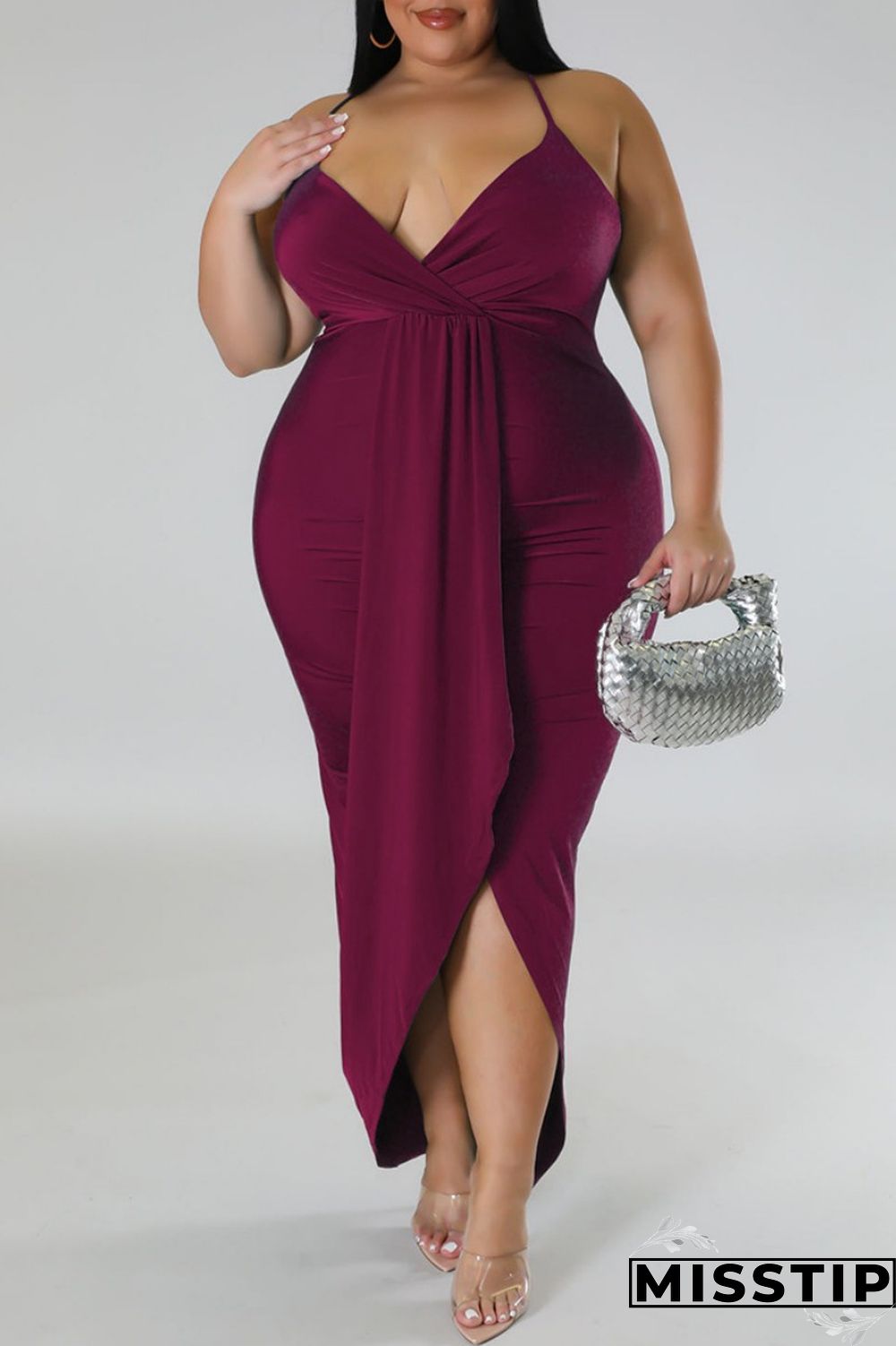 Purple Sexy Solid Patchwork Backless V Neck Sling Dress Plus Size Dresses