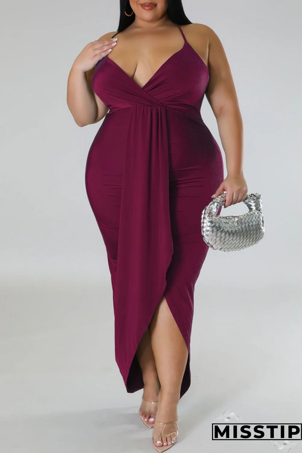 Purple Sexy Solid Patchwork Backless V Neck Sling Dress Plus Size Dresses
