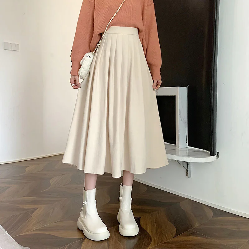 Wongn Vintage Women High Waist Pleated Skirt Korean Elegant College Style Midi Skirt Casual All Match Student A Line Skirts New