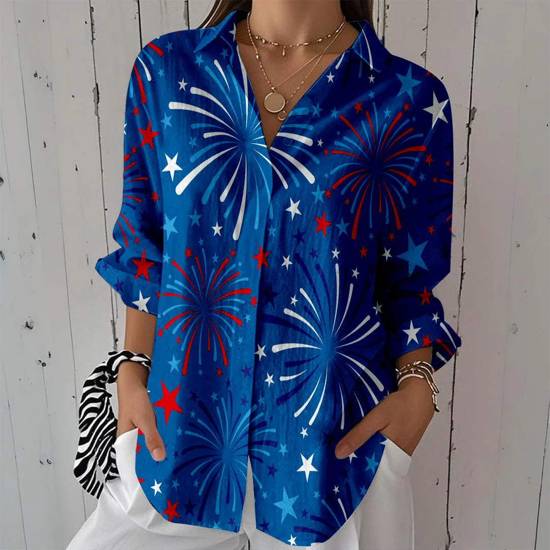 Style & Comfort for Mature Women Women  Independence Day, Star, Striped, Blue, Red DZCL0224 3/4 Sleeve Shirt Collar Printed Button Tops