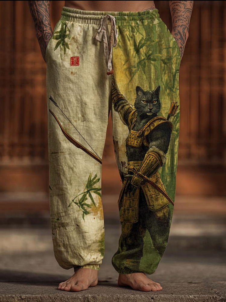 Men's Retro Archery Cat Print Art Linen-blend Casual Pants  artssus