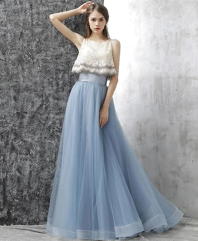 Gray Blue Two Pieces Tulle Long Prom Dress, Evening Dress