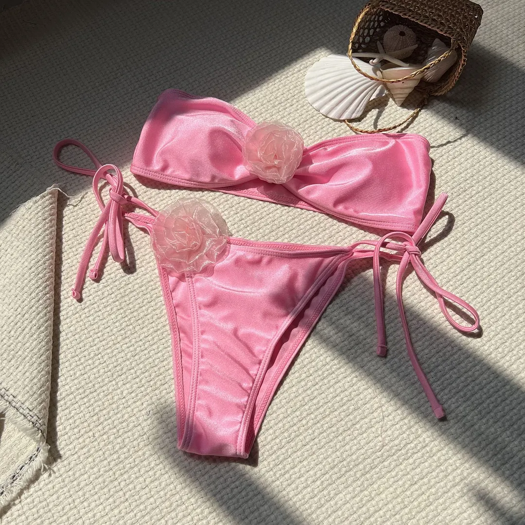 Churchf 2024 New Solid Color Light Flower Braided Swimsuit Bikini
