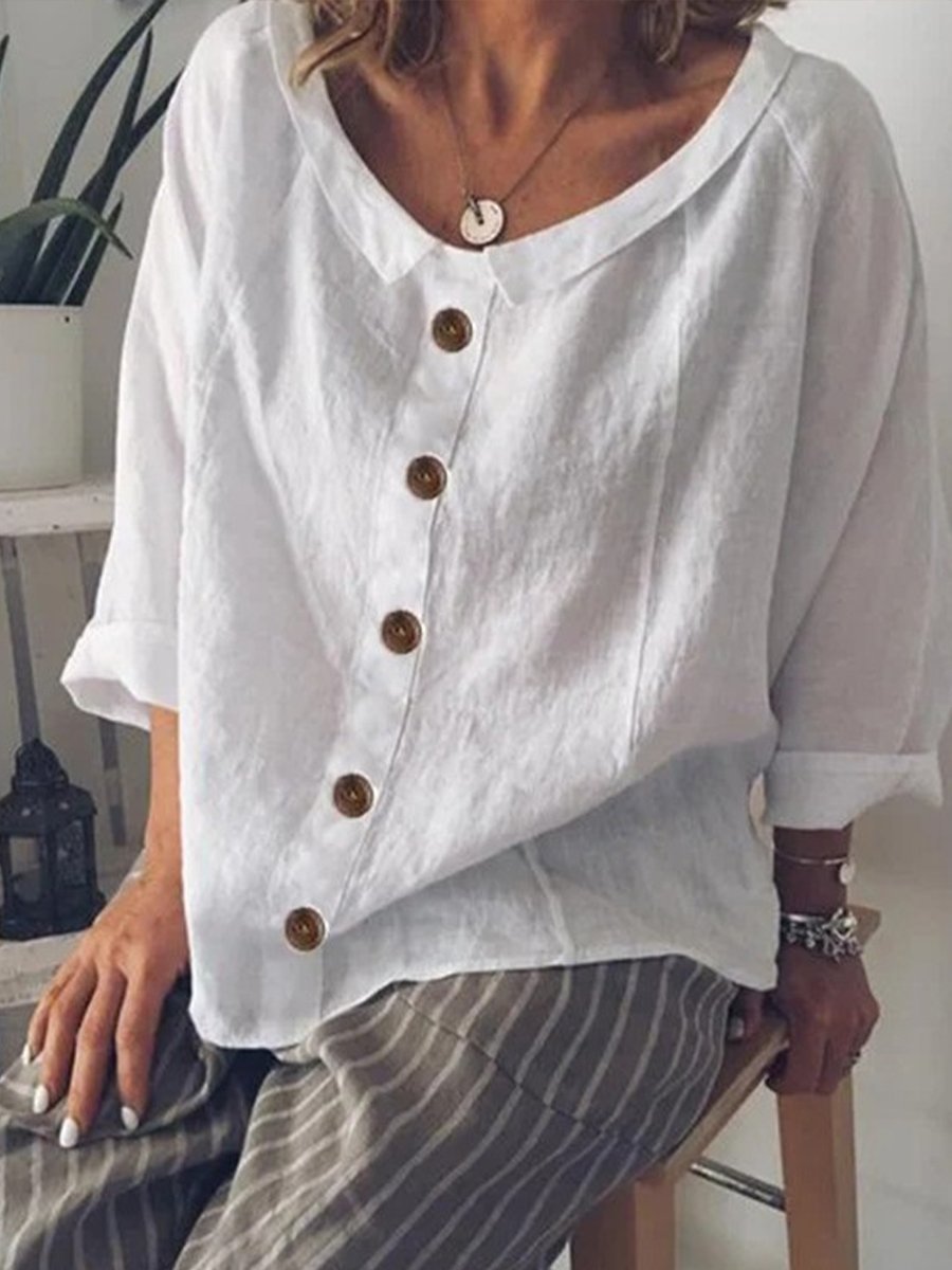 Women's Solid Color Loose Button Doll Collar Cotton Linen Top