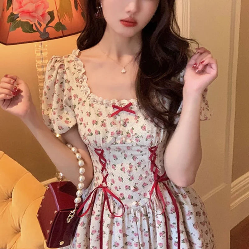 Aiertu Cute Florals Dress Women Vintage Cottagecore Y2k Puff Sleeve Square Collar Lace-up High Waist Corset Dress Female Aiertu