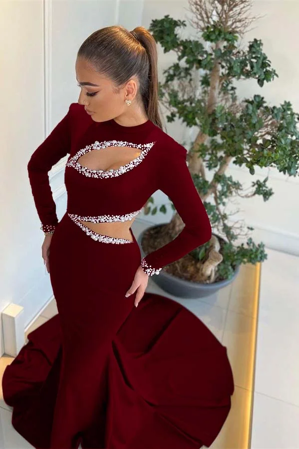 Ginger yellow Long-sleeves Metallic Beaded Mermaid Prom Dress High-neck