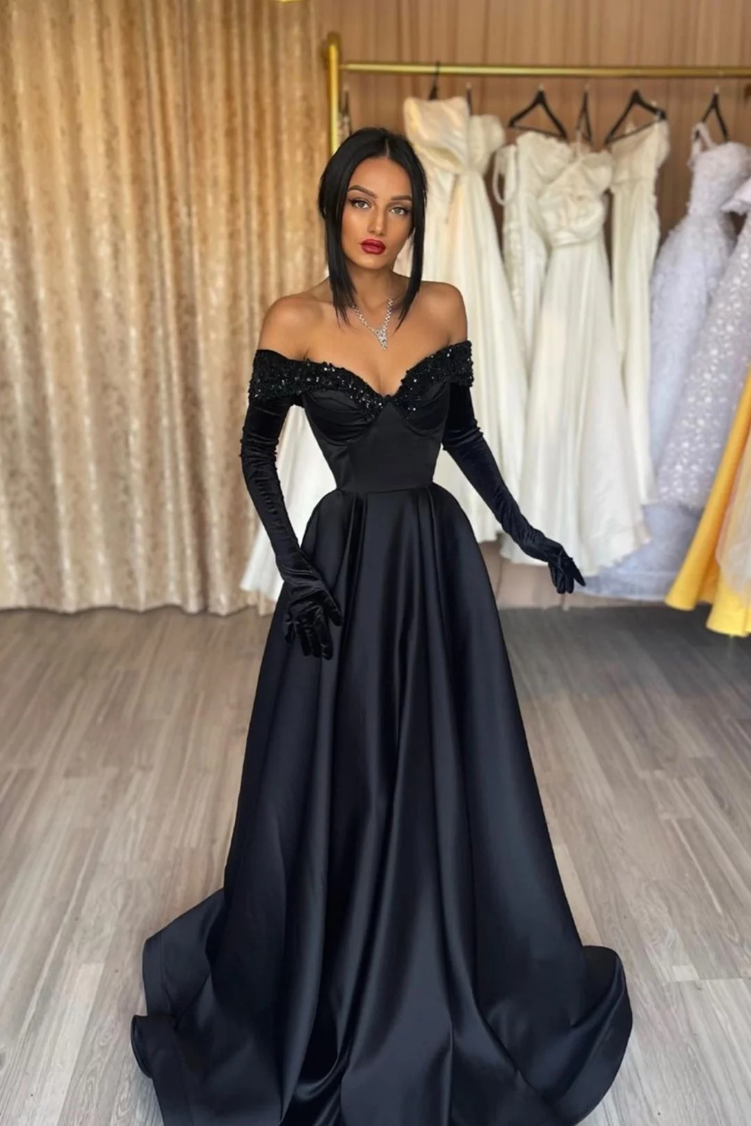 Lisliy Black Prom Dress Strapless A-Line With Gloves Charmeuse 