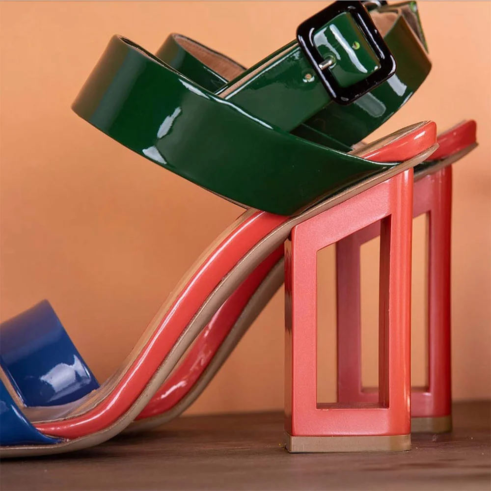 Women&lsquo;s Multicolor Round Toe Ankle Strap Chunky Heel Summer Sandals