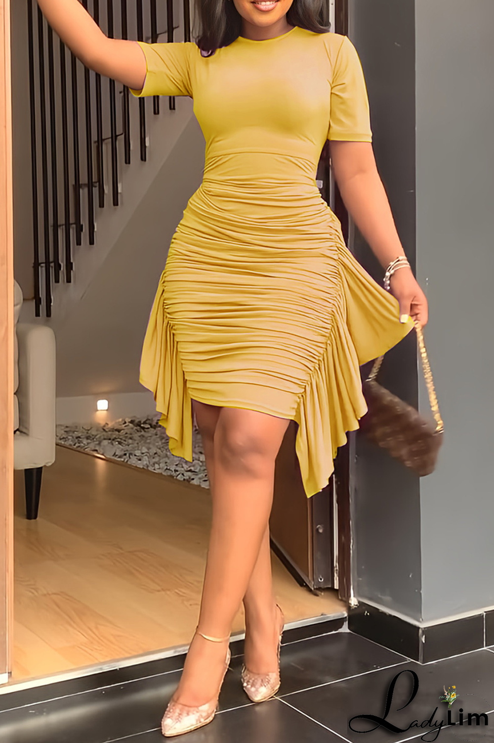 Yellow Fashion Solid Flounce Fold O Neck Pencil Skirt Dresses