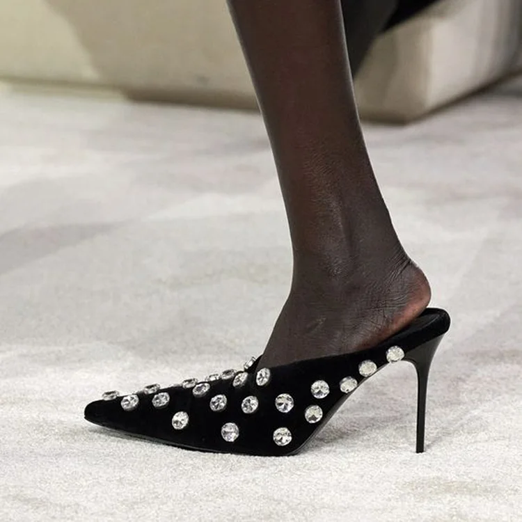 Elegant Black Stiletto Heels Women's Pointy Toe Pump Mules Office Rhinestones Shoes |FSJ Shoes