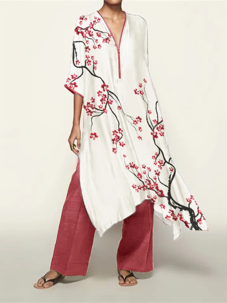 Japanese Plum Blossom Art Flowy Kaftan & Pants Set