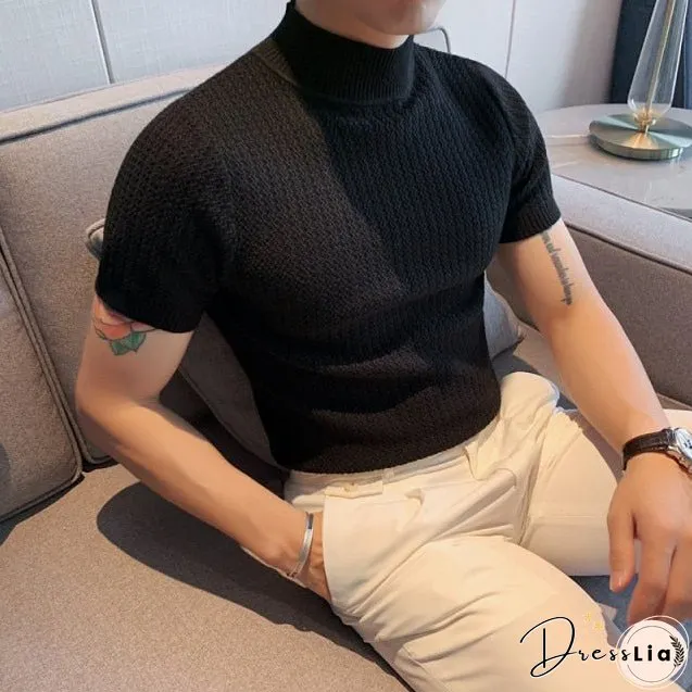 Autumn New Short Sleeve Knitted Sweater Mens Clothing All Match Slim Fit Stretched