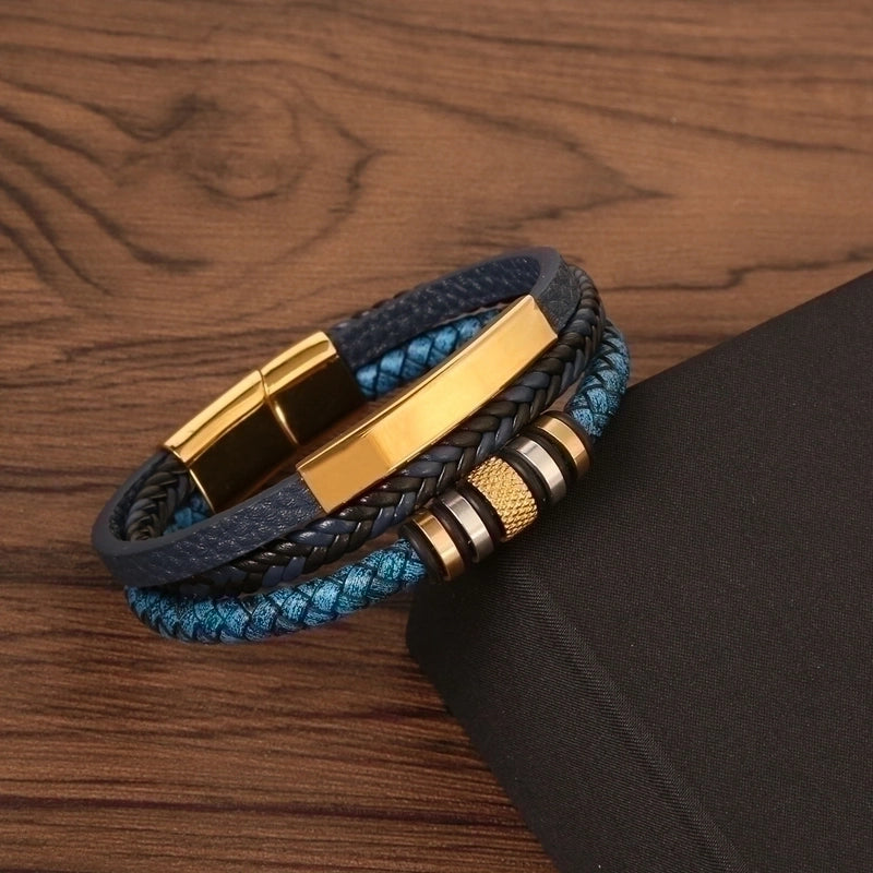 2 Pieces Stainless Steel Pu Leather Casual Hip-Hop Plating Magnetic Braid Stripe Plaid Twist Bracelets Bangle