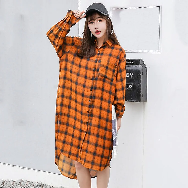 Casual Lapel Pocket Plaid Single-breasted Long Sleeve Irregular Hem Chiffon Dress 