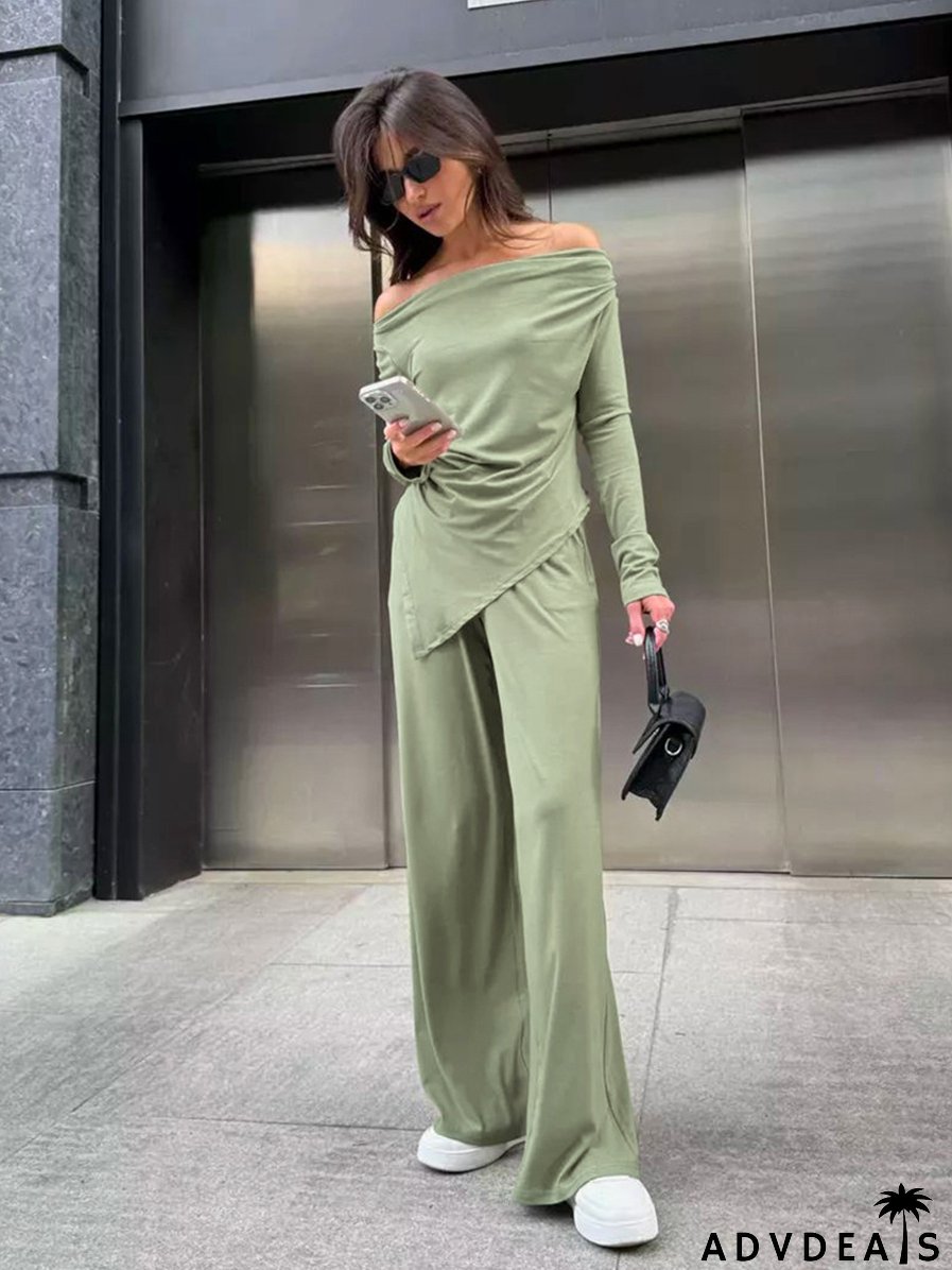 Autumn And Winter Grey Knitting Fashion Off Shoulder Long Sleeve Top High Waist Wide Leg Pants Casual Two Piece Set