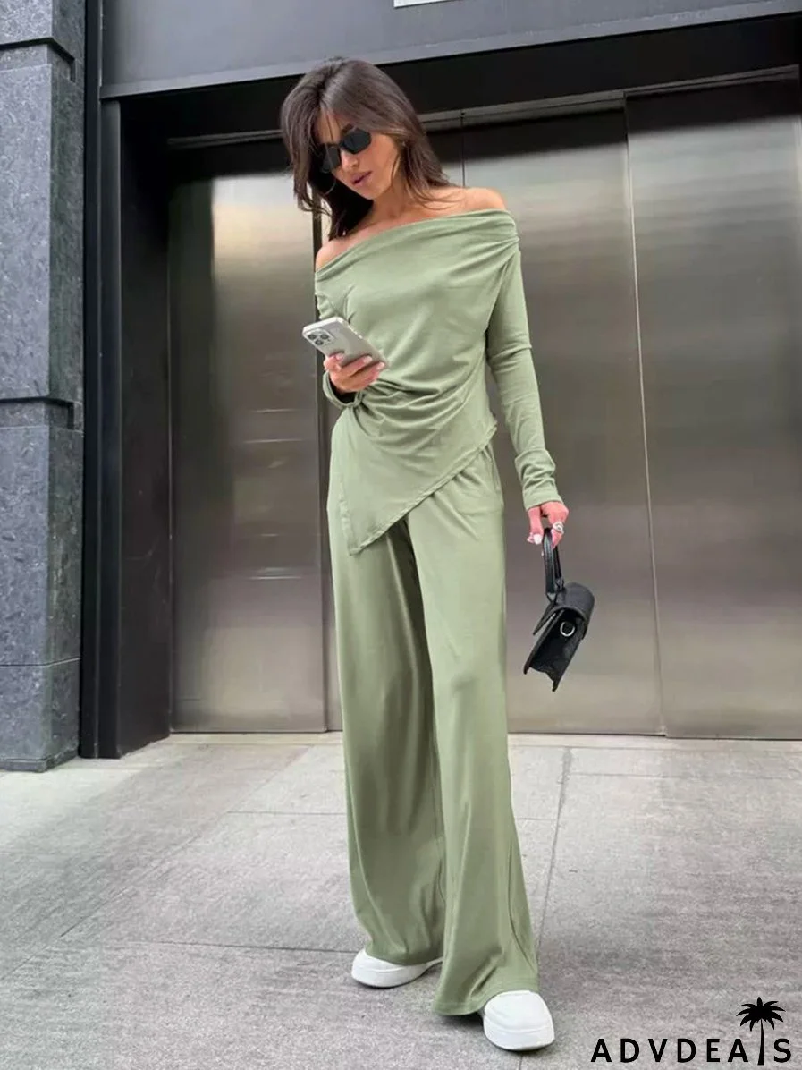 Autumn And Winter Grey Knitting Fashion Off Shoulder Long Sleeve Top High Waist Wide Leg Pants Casual Two Piece Set