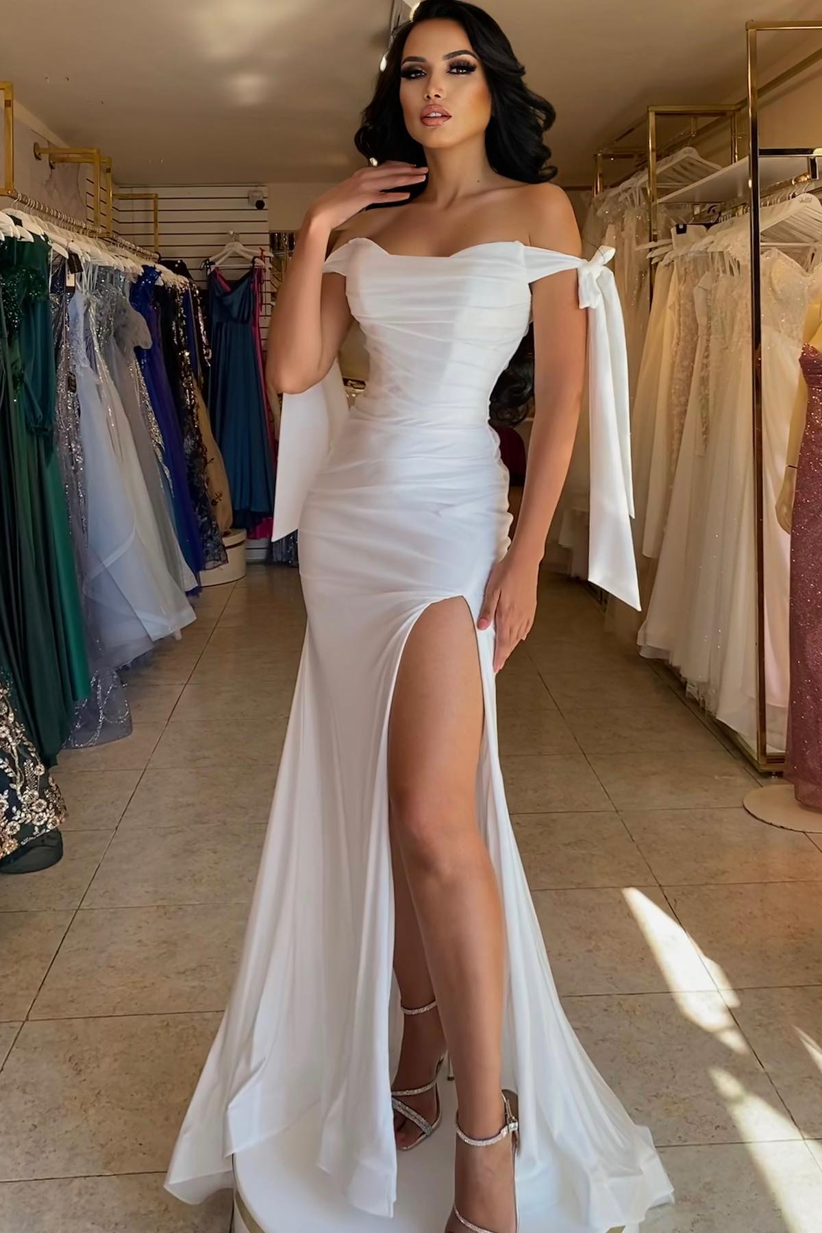 Modern White Off-the-Shoulder Prom Dress Mermaid Split Long - lulusllly