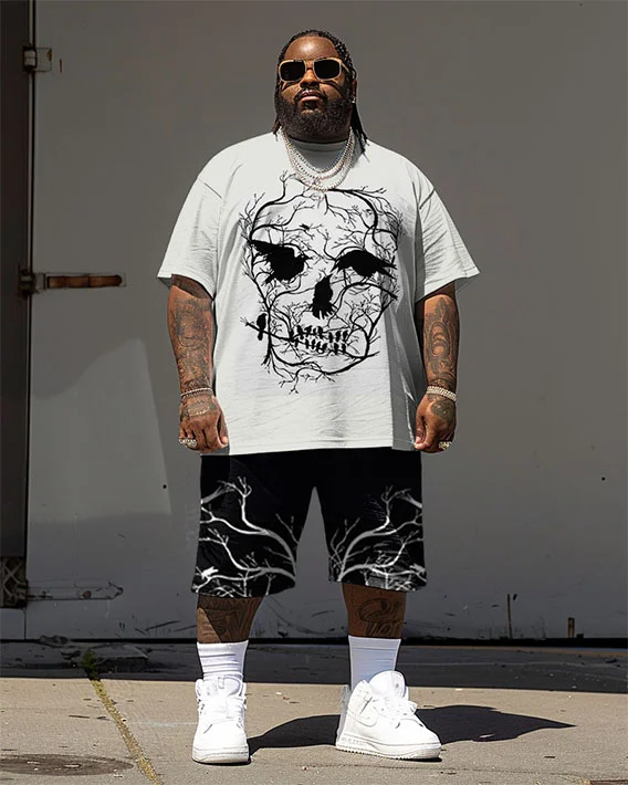 Men's Plus Size Street Hip Hop Branch Skull Crow Print T-Shirt Shorts Suit