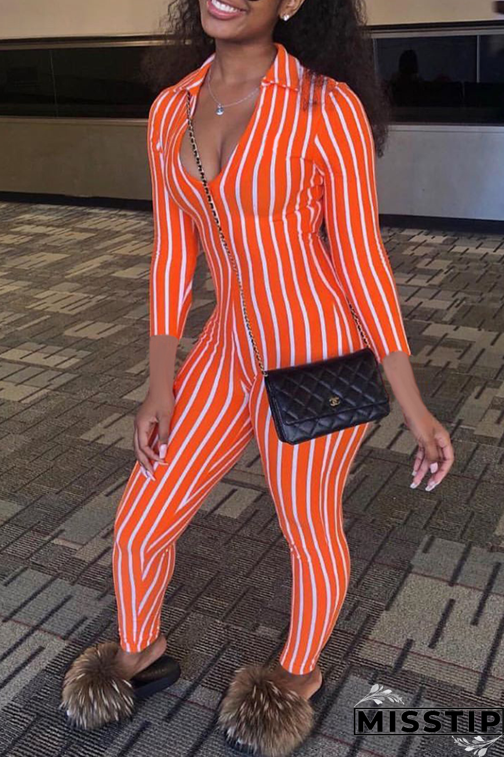 Orange Sexy Striped zipper Long Sleeve V Neck