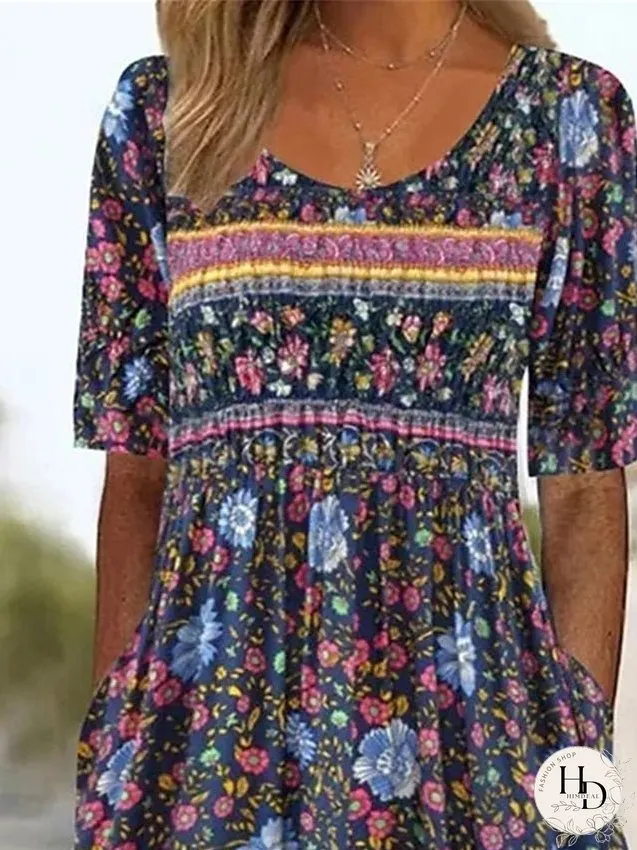 Casual Dress Summer Dress Boho Dress Floral Ruched Pocket Crew Neck Midi Dress Fashion Modern Outdoor Daily Short Sleeve Regular Fit Pink Dark Blue Light Blue Summer Spring S M L XL XXL for Women