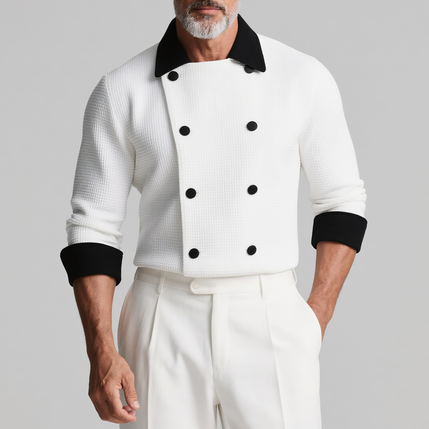 Men's Waffle Contrast Color Turndown Collar Double Breasted Long Sleeve Shirt