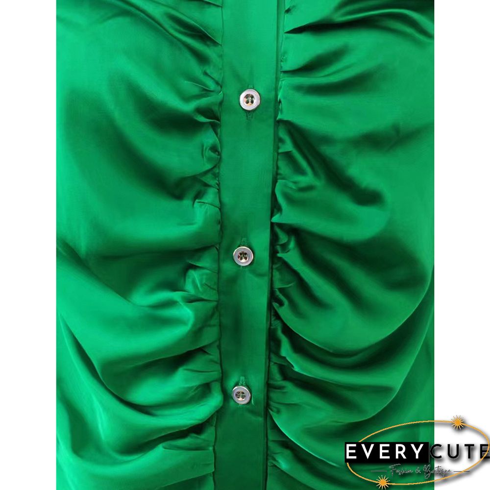 Green Pleated Button Long Sleeve Shirt