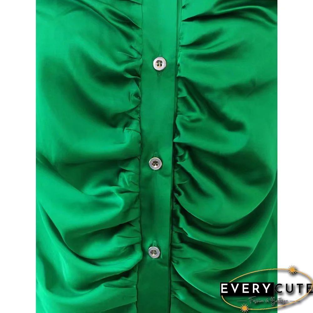 Green Pleated Button Long Sleeve Shirt