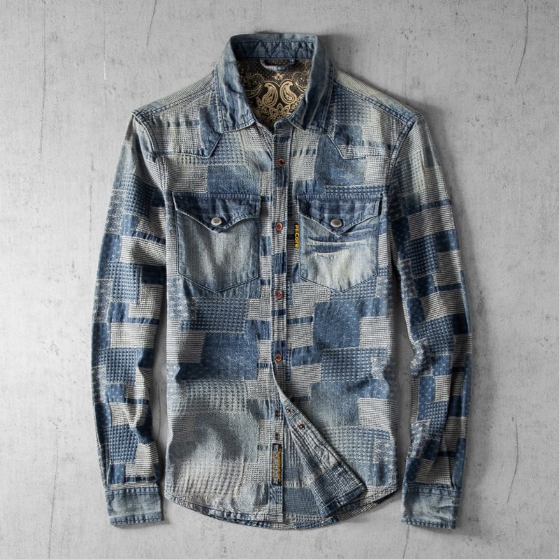 Vintage Casual Cotton Patch Panel Denim Shirt