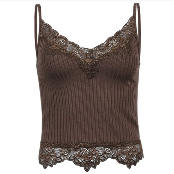 Women Lace Trimming V Neck Crop Top Summer Beach Sleeveless Ribbed Camisole Spaghetti Strap Vest - Shop Trendy Women's Fashion | TeeYours