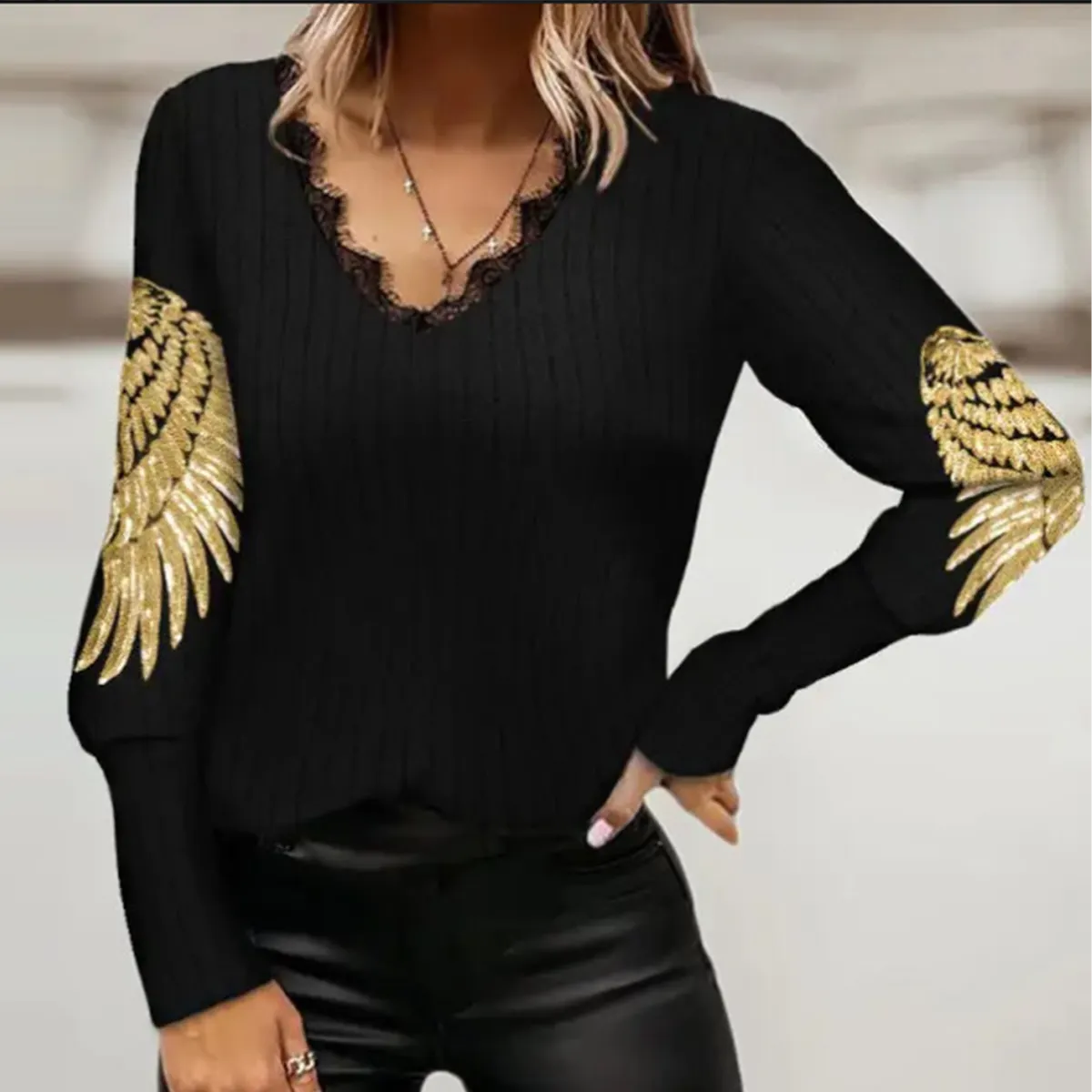 Black Long Sleeve Print Top