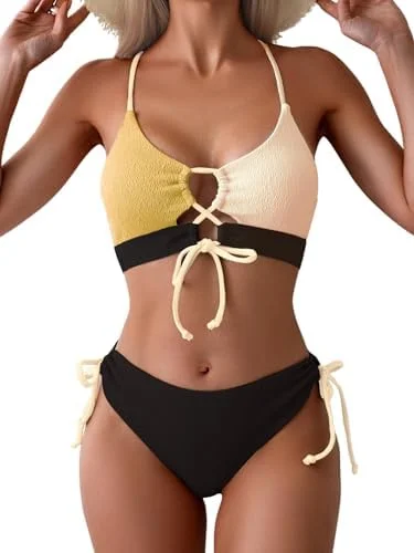 Women's Sexy Bikini Set Color Block Lace Up 2 Piece Bathing Suit Tie Side Swimsuit