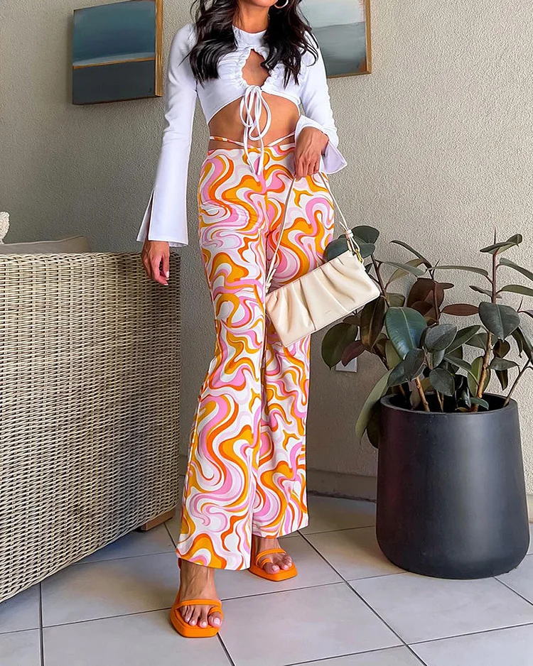 Long Sleeve Drawstring Cutout Top Print Pants Two Piece Set