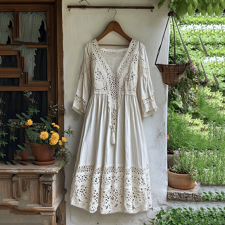 Utbros Vintage Lace Art Linen V Neck Maxi Dress