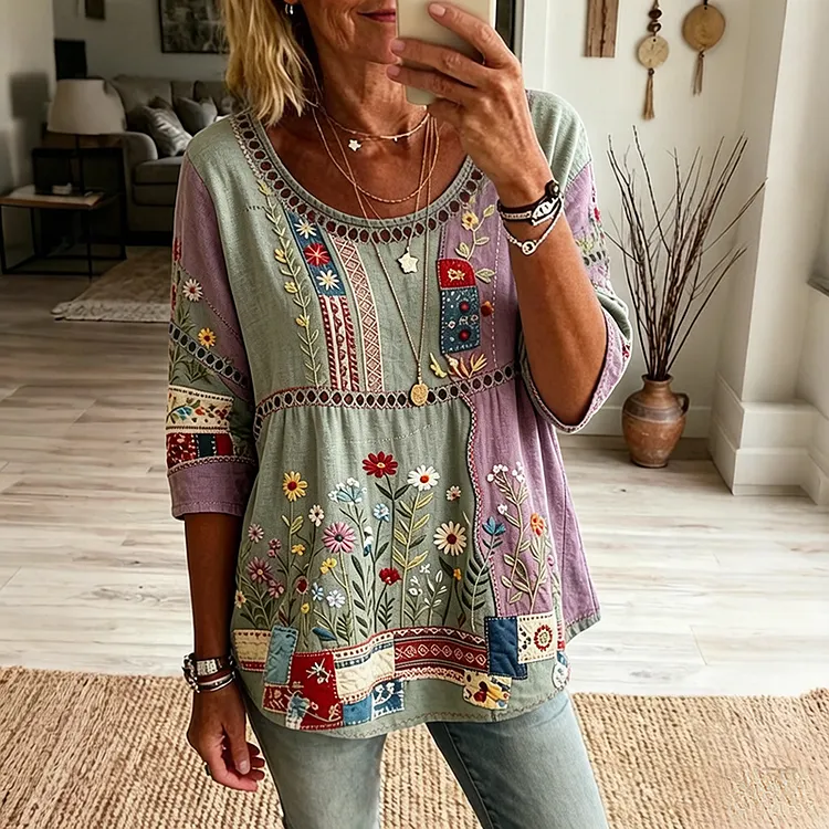 Women's Vintage Floral Art Print Flowy Linen Blend Linen Blend Three-quarter Sleeve Casual Tops